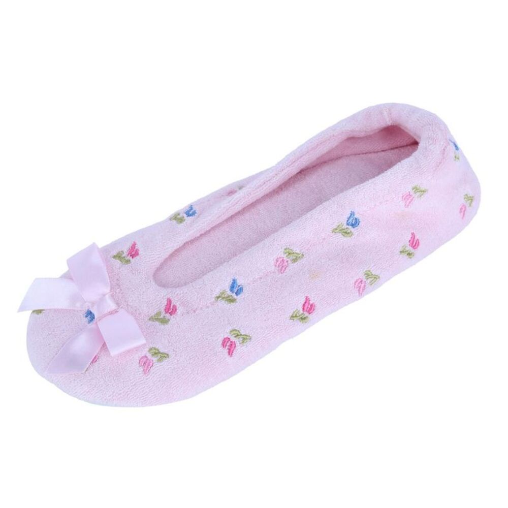 CTM Women's Floral Embroidered Terry Ballerina Slipper House Shoe